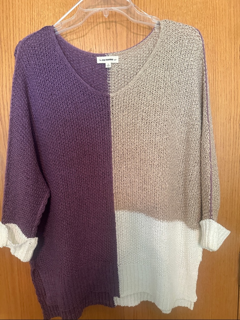 eesome Purple, Cream and Taupe Colorblock V-Neck Sweater